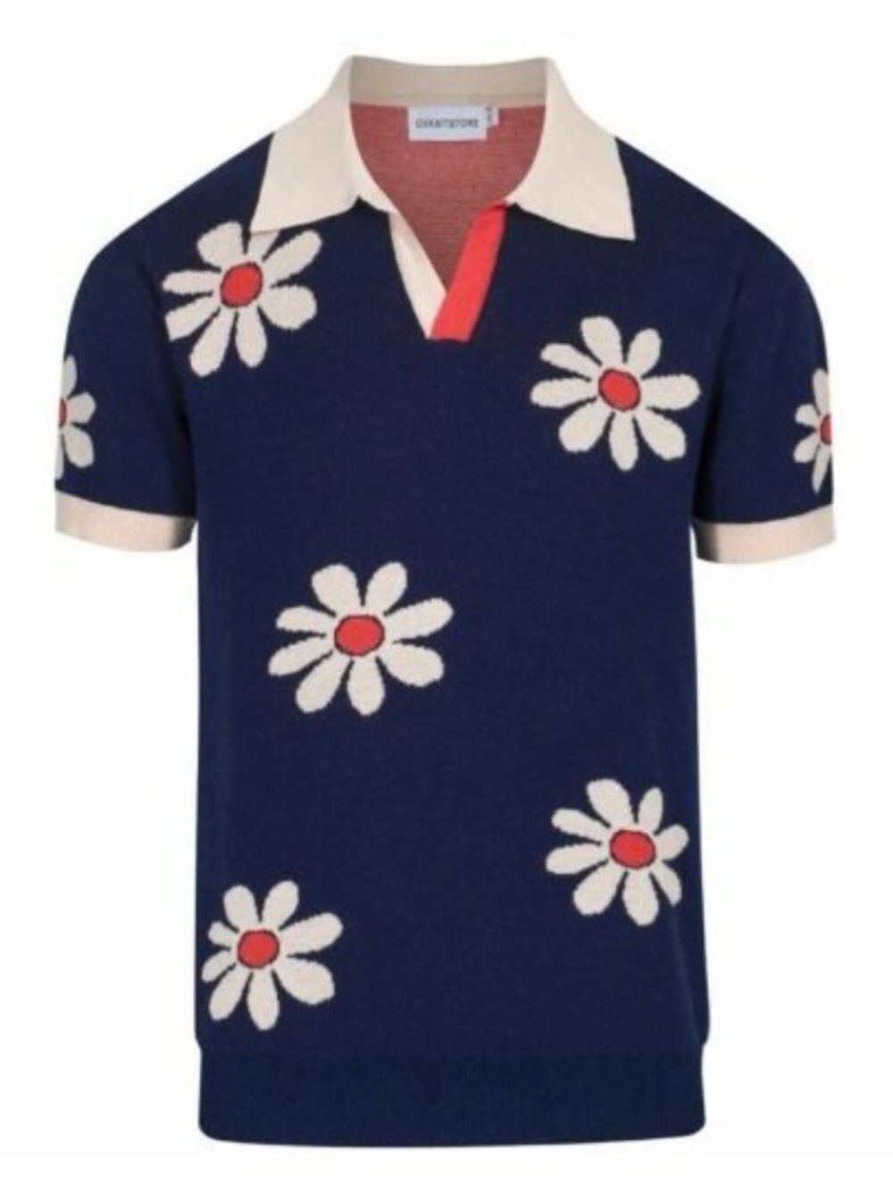 NWOT OXKNIT Men’s Retro 1970s Flower Knit Polo Shirt Navy Daisy Pattern XL